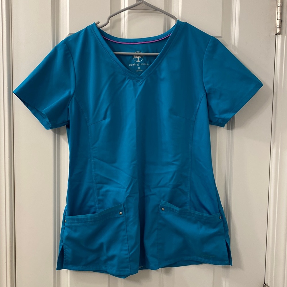 Healing Hands scrub tops, size medium, color is aqua/teal